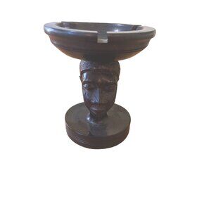 Hand Carved Wooden African Head Ashtray/Trinket Dish Woman Dark Wood GORGEOUS!